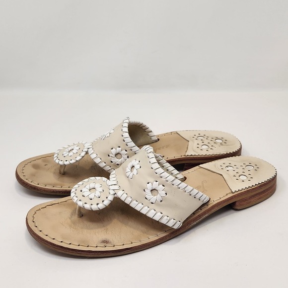 Jack Rogers Womens Hampton Thong Slip On Sandals Size 7 M Tan Cream Leather - Picture 4 of 9